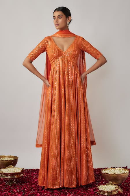 Buy_Renee label_Orange Viscose Georgette, Net Sequins, Zareena Thread Anarkali With Dupatta _Online_at_Aza_Fashions