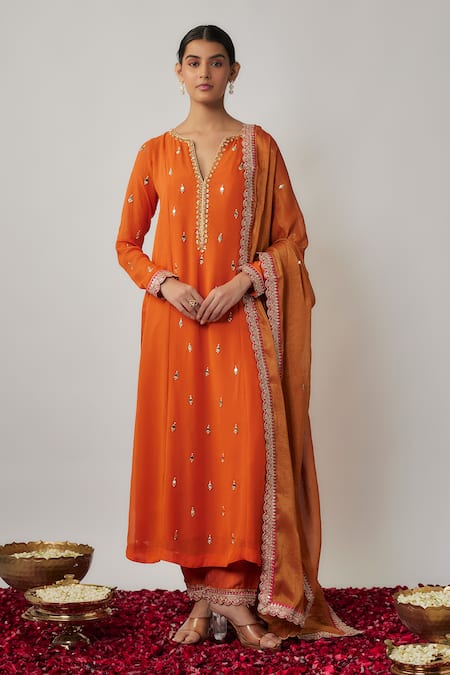 Renee label_Orange Viscose Georgette, Dupion Mirrors, Embroidery, Sequins Mihika Kurta Set _Online_at_Aza_Fashions