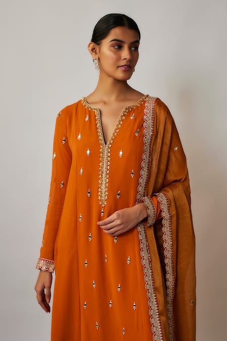 Shop_Renee label_Orange Viscose Georgette, Dupion Mirrors, Embroidery, Sequins Mihika Kurta Set _Online_at_Aza_Fashions