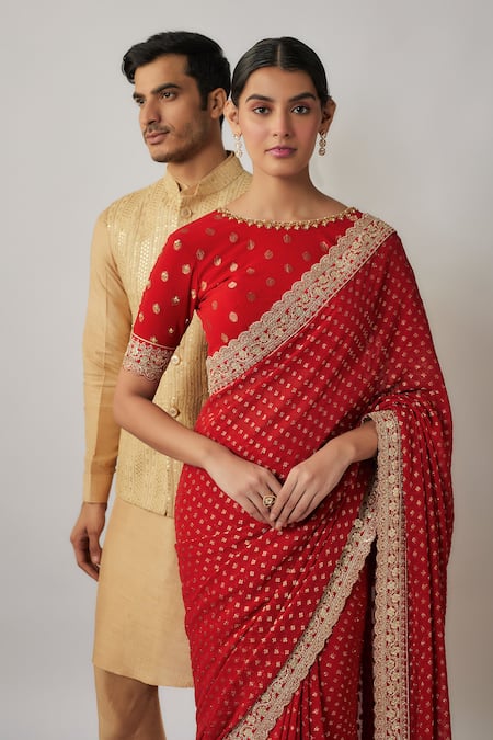 Buy_Renee label_Red Viscose Georgette, Satin Zari, Sequins, Payalia Woven Saree With Blouse _Online_at_Aza_Fashions