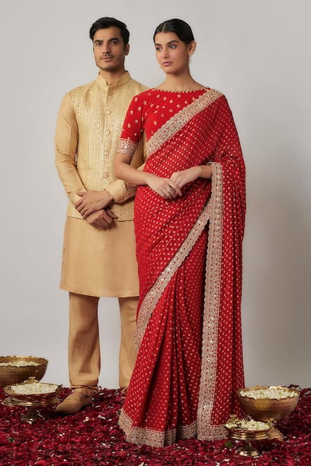Shop_Renee label_Red Viscose Georgette, Satin Zari, Sequins, Payalia Woven Saree With Blouse _Online_at_Aza_Fashions