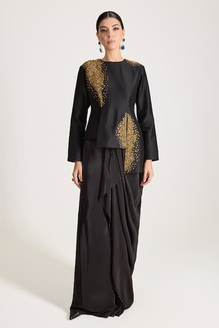 RICHA AHLUWALIA_Black Chanderi Silk, Crepe Sequins, Beads Round Embroidered Jacket Skirt Set _Online_at_Aza_Fashions