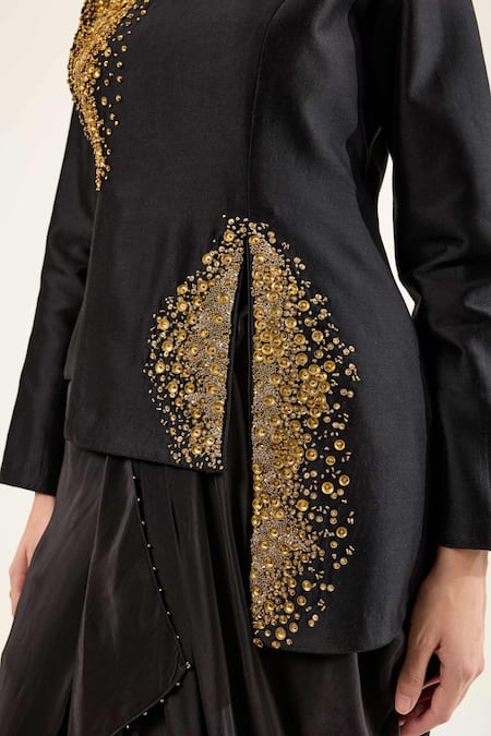 Buy_RICHA AHLUWALIA_Black Chanderi Silk, Crepe Sequins, Beads Round Embroidered Jacket Skirt Set _Online_at_Aza_Fashions