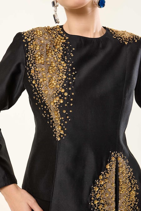 Shop_RICHA AHLUWALIA_Black Chanderi Silk, Crepe Sequins, Beads Round Embroidered Jacket Skirt Set _Online_at_Aza_Fashions