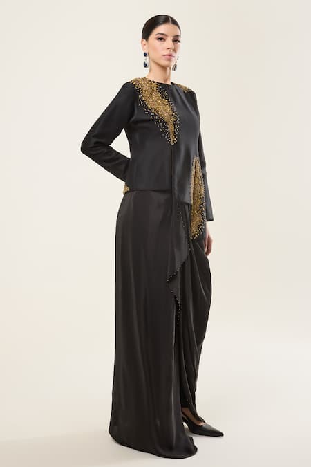 RICHA AHLUWALIA_Black Chanderi Silk, Crepe Sequins, Beads Round Embroidered Jacket Skirt Set _at_Aza_Fashions