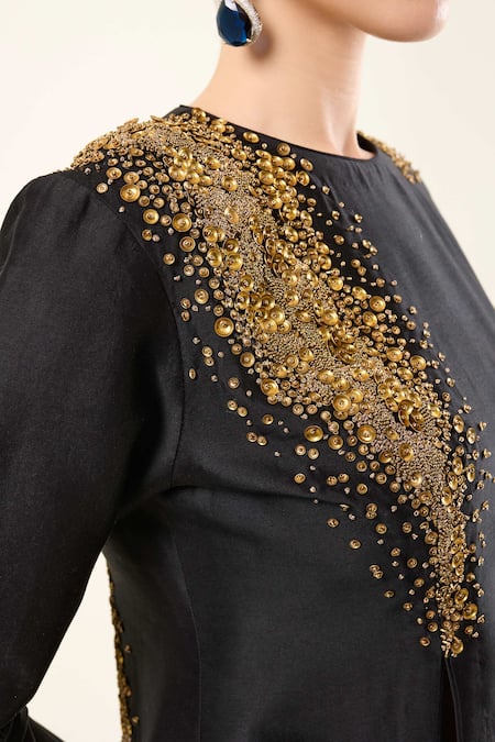 Shop_RICHA AHLUWALIA_Black Chanderi Silk, Crepe Sequins, Beads Round Embroidered Jacket Skirt Set 