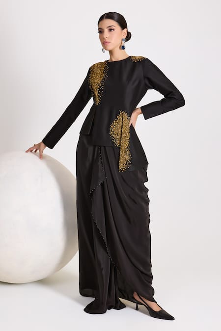 RICHA AHLUWALIA Black Embroidered Jacket Skirt Set 