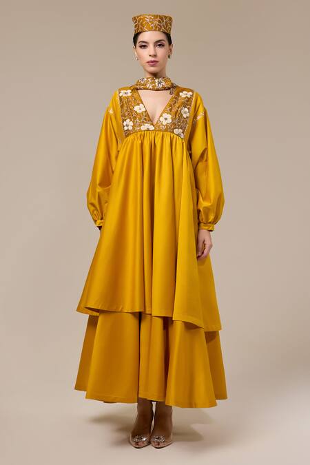 Shop RICHA AHLUWALIA Yellow Chanderi Silk Embroidery, Sequins, Beads, Metallic Bloom Mustard Dress Online at Aza Fashions Shop_RICHA AHLUWALIA_Yellow Chanderi Silk Embroidery, Sequins, Beads, Metallic Bloom Mustard Dress _Online_at_Aza_Fashions