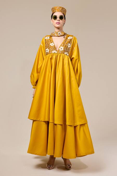 RICHA AHLUWALIA Yellow Chanderi Silk Embroidery, Sequins, Beads, Metallic Bloom Mustard Dress at Aza Fashions RICHA AHLUWALIA_Yellow Chanderi Silk Embroidery, Sequins, Beads, Metallic Bloom Mustard Dress _at_Aza_Fashions