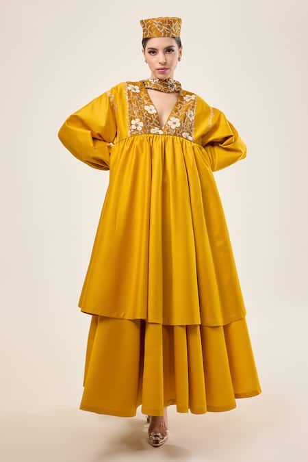 RICHA AHLUWALIA Bloom Mustard Embroidered Dress 