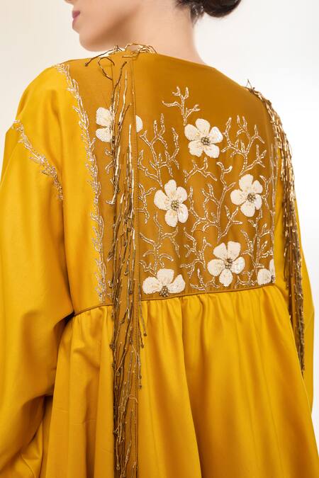 Buy RICHA AHLUWALIA Yellow Chanderi Silk Embroidery, Sequins, Beads, Metallic Bloom Mustard Dress Buy_RICHA AHLUWALIA_Yellow Chanderi Silk Embroidery, Sequins, Beads, Metallic Bloom Mustard Dress