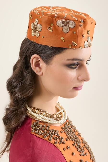 RICHA AHLUWALIA_Red Chanderi Silk, Voile Beads, Embroidery, Sequins Keyhole Neck Abaya Dress _Online_at_Aza_Fashions