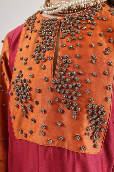 Shop_RICHA AHLUWALIA_Red Chanderi Silk, Voile Beads, Embroidery, Sequins Keyhole Neck Abaya Dress 