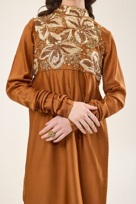 Shop_RICHA AHLUWALIA_Brown Chanderi , Cotton, Embroidery, Floral Kurta And Churidar Set _Online_at_Aza_Fashions