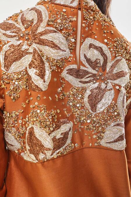 Buy_RICHA AHLUWALIA_Brown Chanderi , Cotton, Embroidery, Floral Kurta And Churidar Set 