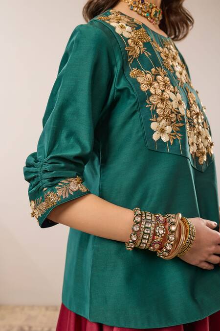 RICHA AHLUWALIA_Green Chanderi Silk, Voile Sequins, Embroidery Flora Bunch Kurta And Skirt Set _Online_at_Aza_Fashions