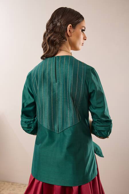 Shop_RICHA AHLUWALIA_Green Chanderi Silk, Voile Sequins, Embroidery Flora Bunch Kurta And Skirt Set _Online_at_Aza_Fashions