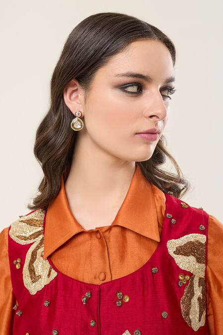 RICHA AHLUWALIA_Red Chanderi Silk, Voile Embroidery, Sequins Round Neck, Floral Jacket Pant Set _Online_at_Aza_Fashions