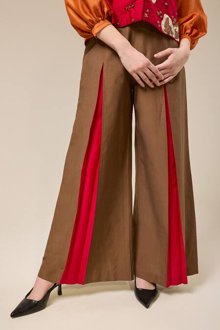 Shop_RICHA AHLUWALIA_Red Chanderi Silk, Voile Embroidery, Sequins Round Neck, Floral Jacket Pant Set _Online_at_Aza_Fashions