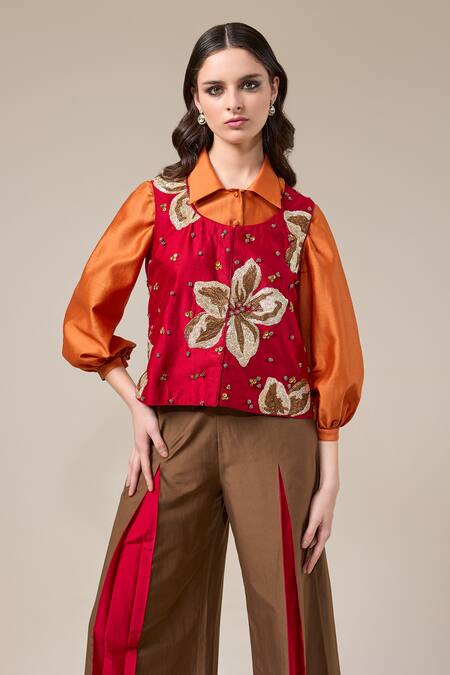 RICHA AHLUWALIA_Red Chanderi Silk, Voile Embroidery, Sequins Round Neck, Floral Jacket Pant Set _at_Aza_Fashions