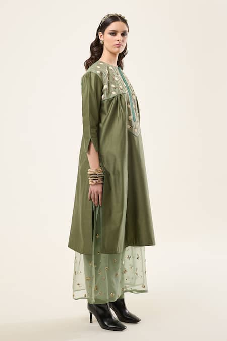 RICHA AHLUWALIA_Green Chanderi , Cotton, Beads, Petal Mint Kurta And Trousers Set _Online_at_Aza_Fashions