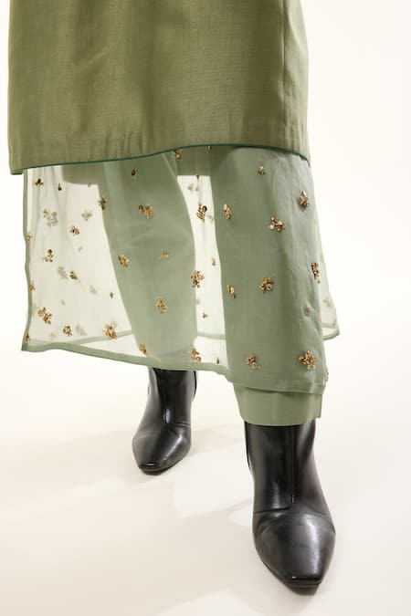 RICHA AHLUWALIA_Green Chanderi , Cotton, Beads, Petal Mint Kurta And Trousers Set _at_Aza_Fashions