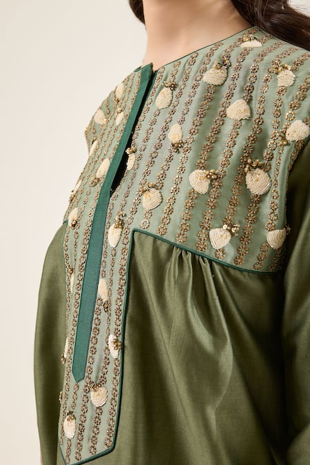 Shop_RICHA AHLUWALIA_Green Chanderi , Cotton, Beads, Petal Mint Kurta And Trousers Set 