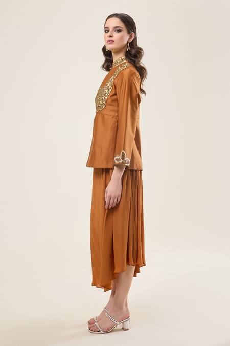 RICHA AHLUWALIA_Brown , Silk, Voile Embroidery, Peplum Kurta With Skirt _Online_at_Aza_Fashions