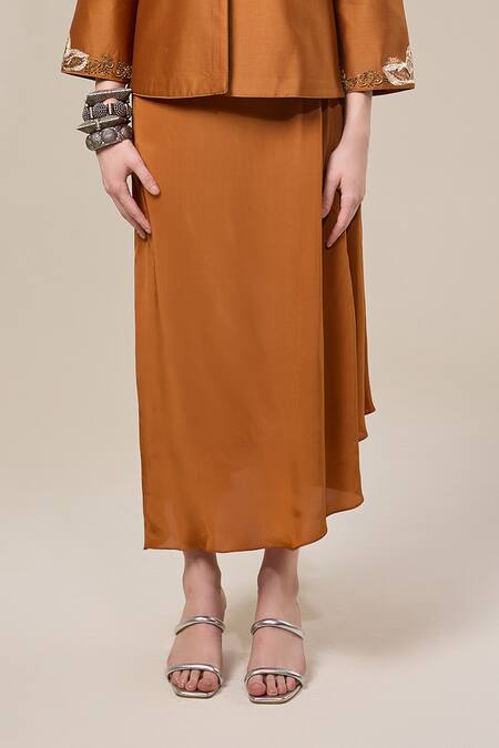 Buy_RICHA AHLUWALIA_Brown , Silk, Voile Embroidery, Peplum Kurta With Skirt _Online_at_Aza_Fashions