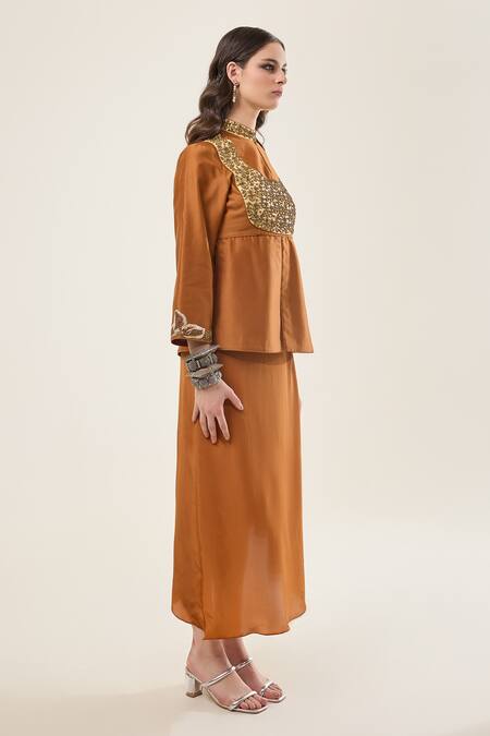 Shop_RICHA AHLUWALIA_Brown , Silk, Voile Embroidery, Peplum Kurta With Skirt _Online_at_Aza_Fashions