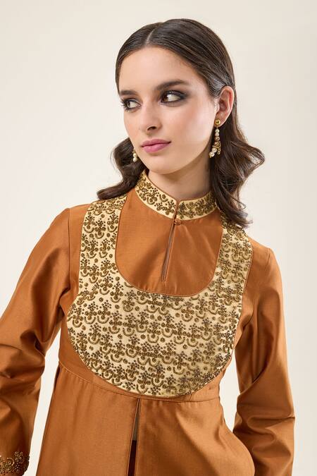 RICHA AHLUWALIA_Brown , Silk, Voile Embroidery, Peplum Kurta With Skirt _at_Aza_Fashions