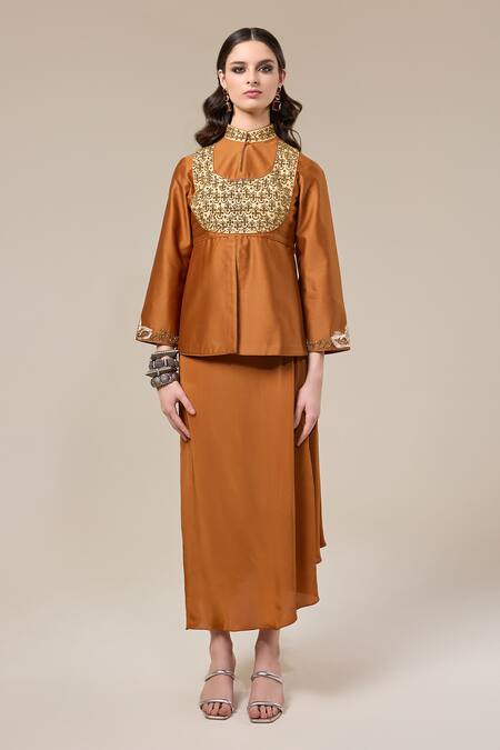 Shop_RICHA AHLUWALIA_Brown , Silk, Voile Embroidery, Peplum Kurta With Skirt 