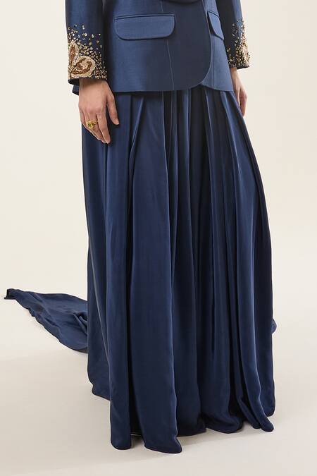 Shop_RICHA AHLUWALIA_Blue Chanderi Silk, Voile Sequins, Beads Midnight Spark Blazer With Draped Skirt _Online_at_Aza_Fashions