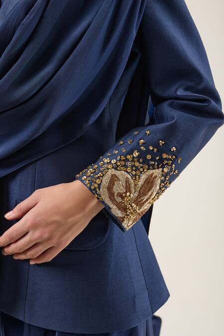 RICHA AHLUWALIA_Blue Chanderi Silk, Voile Sequins, Beads Midnight Spark Blazer With Draped Skirt _at_Aza_Fashions