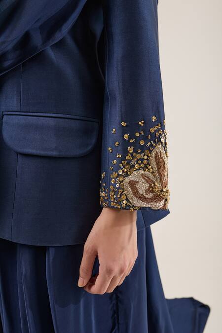 Buy_RICHA AHLUWALIA_Blue Chanderi Silk, Voile Sequins, Beads Midnight Spark Blazer With Draped Skirt 