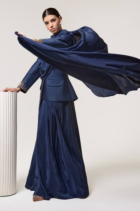 Shop_RICHA AHLUWALIA_Blue Chanderi Silk, Voile Sequins, Beads Midnight Spark Blazer With Draped Skirt 