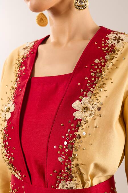 Shop_RICHA AHLUWALIA_Beige Chanderi Silk, Voile Embroidery, Sparkling Flora Jacket Skirt Set _Online_at_Aza_Fashions