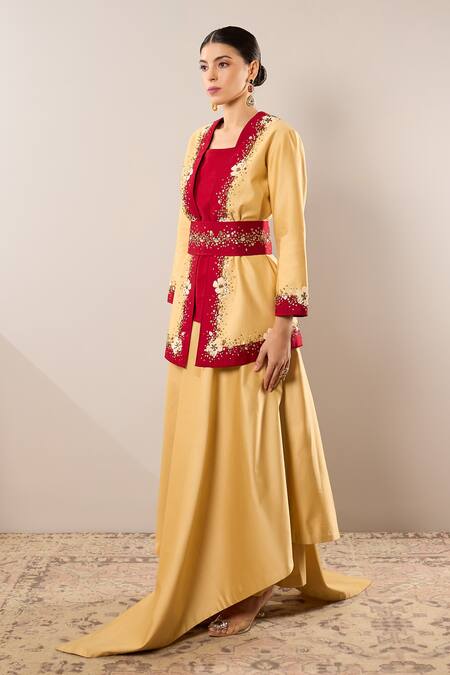 RICHA AHLUWALIA_Beige Chanderi Silk, Voile Embroidery, Sparkling Flora Jacket Skirt Set _at_Aza_Fashions