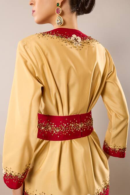 Shop_RICHA AHLUWALIA_Beige Chanderi Silk, Voile Embroidery, Sparkling Flora Jacket Skirt Set 