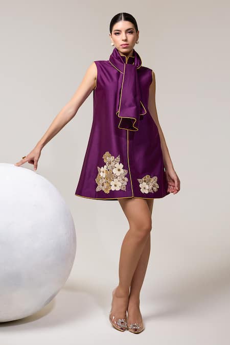 RICHA AHLUWALIA_Purple Chanderi Silk, Voile Embroidery, Beads, Plumeria Punch A-line Dress _Online_at_Aza_Fashions