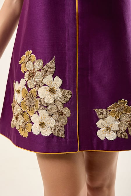 Buy_RICHA AHLUWALIA_Purple Chanderi Silk, Voile Embroidery, Beads, Plumeria Punch A-line Dress 