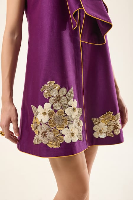Shop_RICHA AHLUWALIA_Purple Chanderi Silk, Voile Embroidery, Beads, Plumeria Punch A-line Dress 