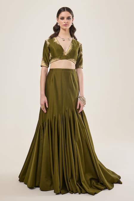RICHA AHLUWALIA Embroidered Crop Top & Skirt Set 
