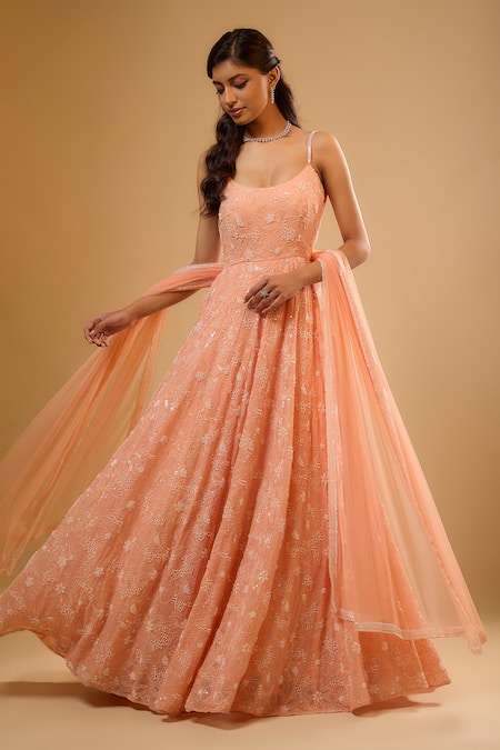 Renee label_Peach Viscose Georgette, Net Sequins, Beads, Twisha Anarkali With Dupatta _Online_at_Aza_Fashions