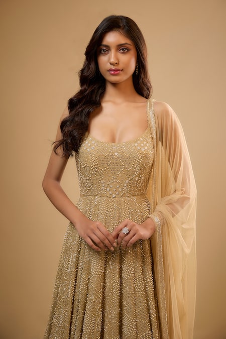 Renee label_Gold Viscose Georgette, Net Sequins, Beads, Elora Anarkali With Dupatta _Online_at_Aza_Fashions