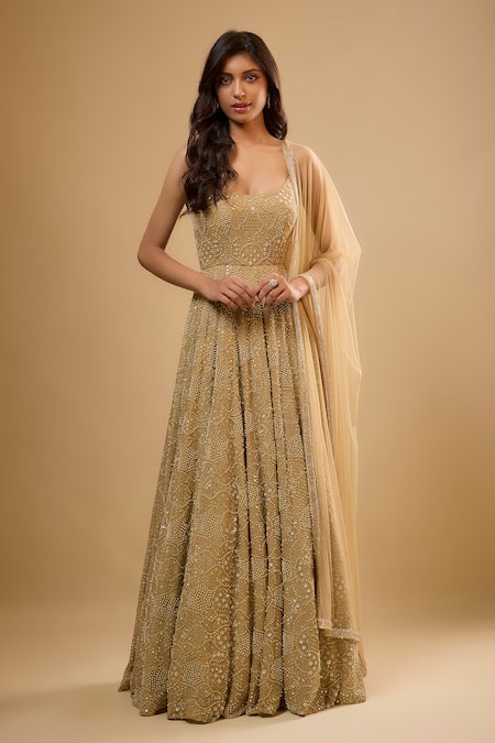 Buy_Renee label_Gold Viscose Georgette, Net Sequins, Beads, Elora Anarkali With Dupatta _Online_at_Aza_Fashions