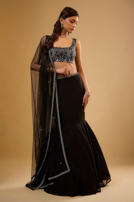 Renee label_Black Viscose Georgette, Net Sequins, Imara Embroidered Fishcut Lehenga Set _Online_at_Aza_Fashions