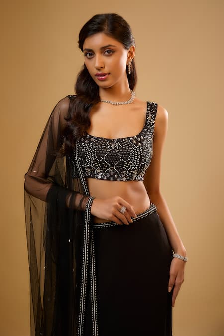 Shop_Renee label_Black Viscose Georgette, Net Sequins, Imara Embroidered Fishcut Lehenga Set _Online_at_Aza_Fashions