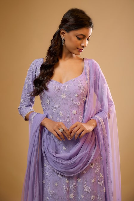 Renee label_Purple Viscose Georgette, Net Embroidery, Sequins, Veda Lavender Kurta Set _Online_at_Aza_Fashions