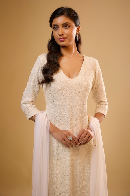 Renee label_Ivory Viscose Georgette, Dupion, Net Embroidery, Zaira Vanilla White Kurta Set _Online_at_Aza_Fashions